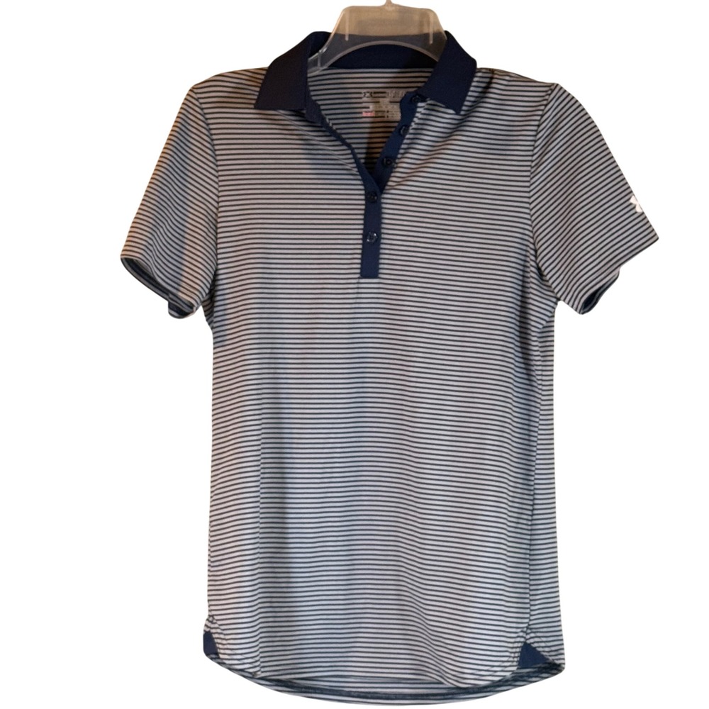 Under Armour Polo Shirt Womens XS Navy Grey Buick GMC HeatGear Striped Preppy